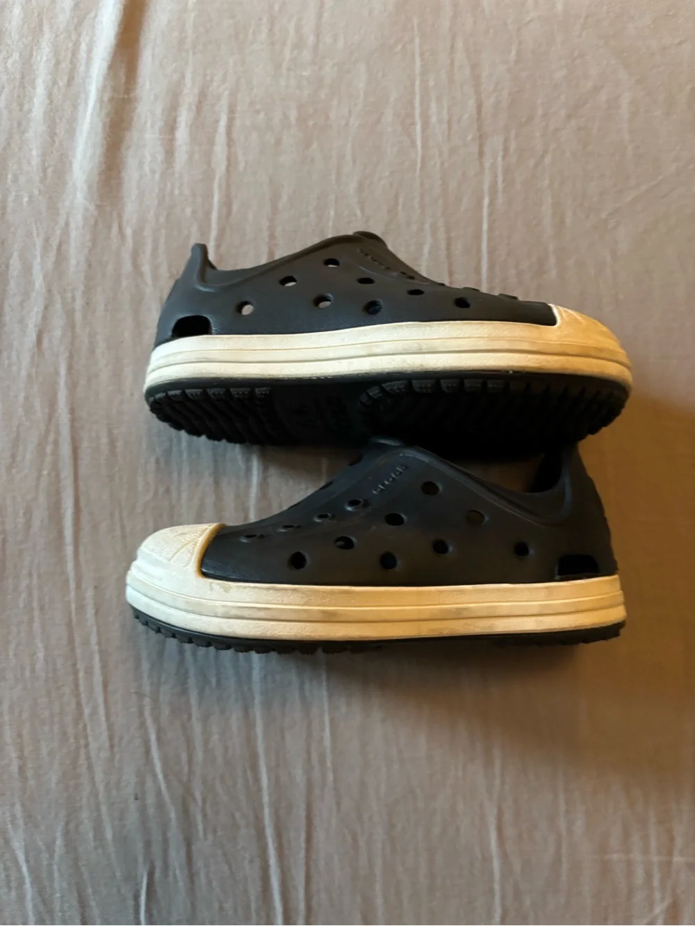 Kids Black Slip-On Water-Resistant Slip On Crocs with White Toe Cap